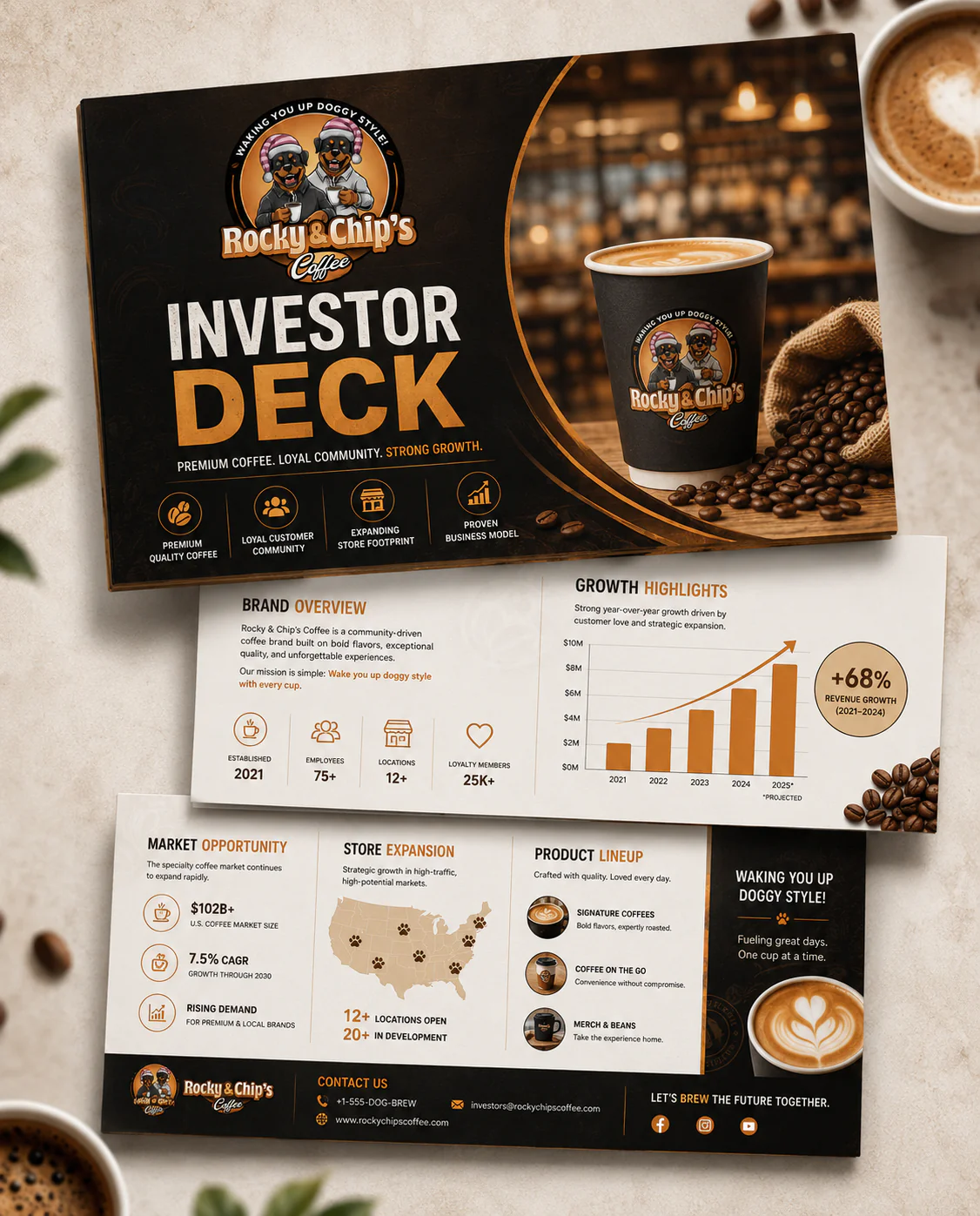 Investor pitch deck design with data visualization slides