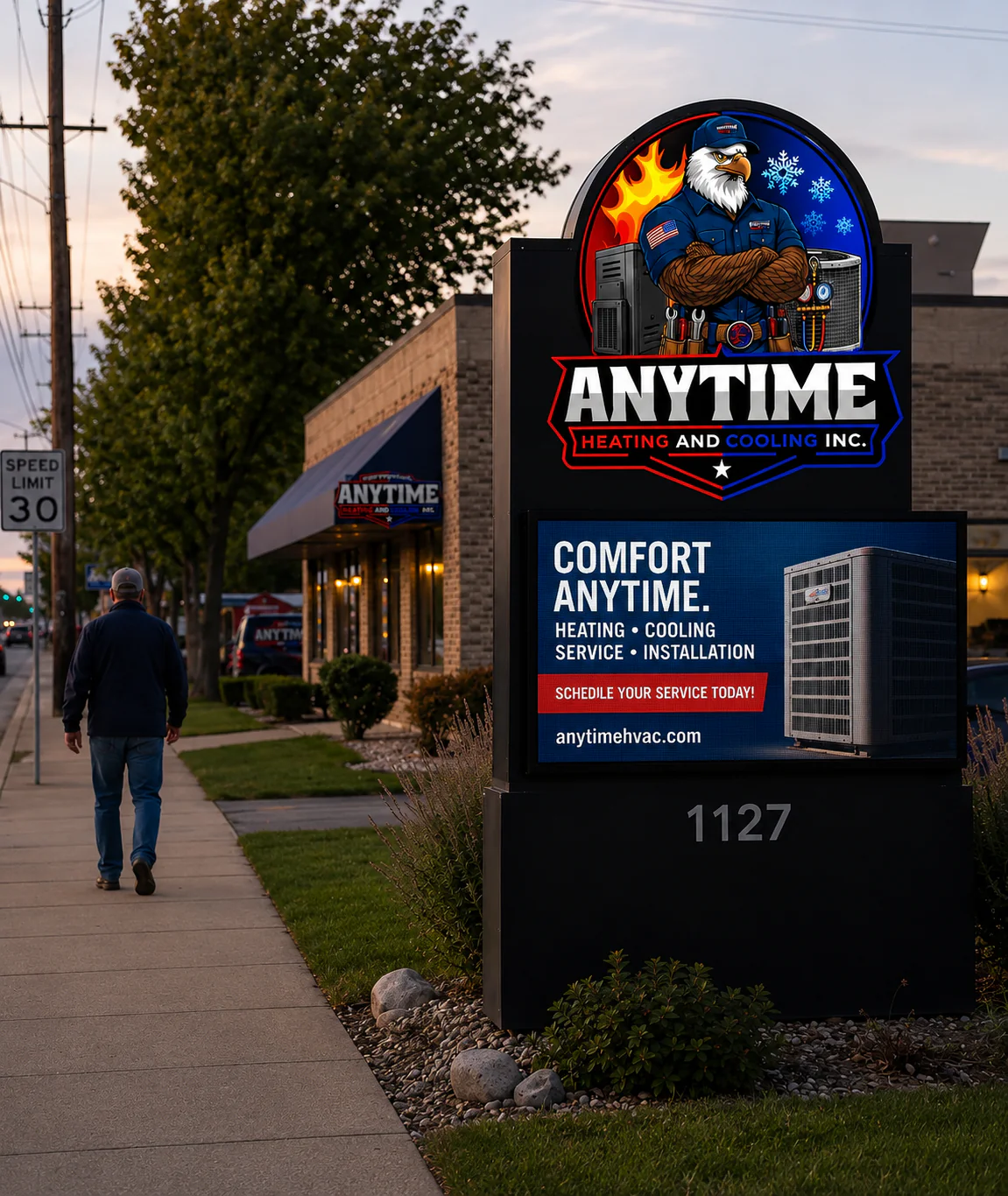 Brand storefront signage with large-format print design