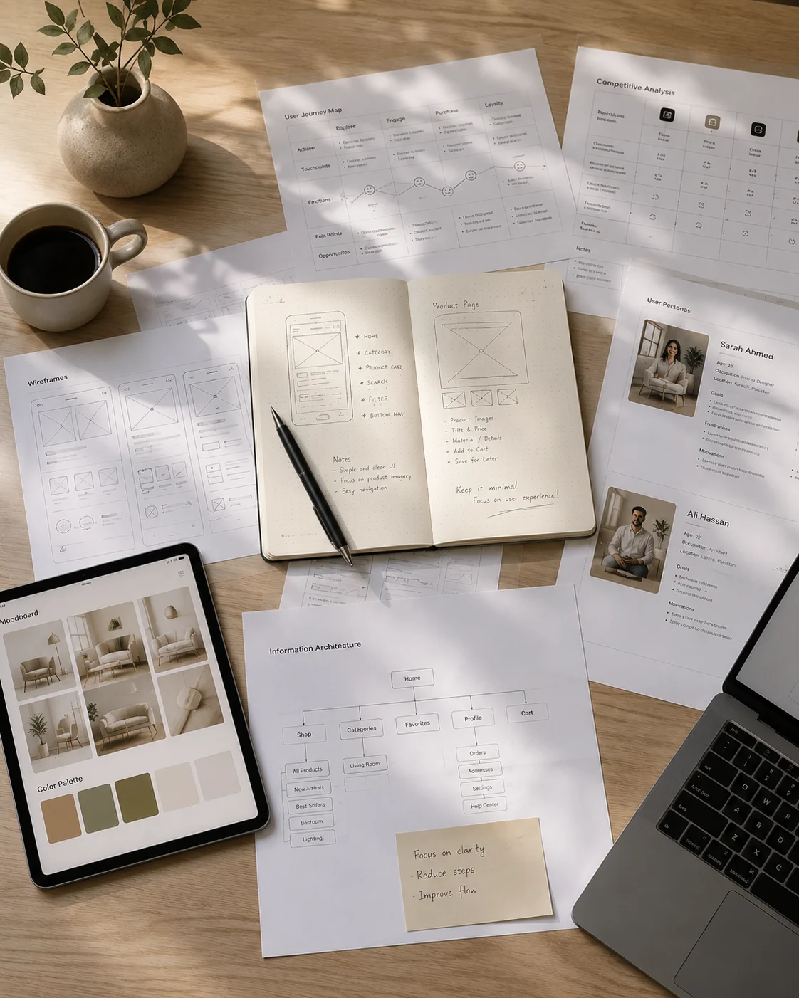 MVP product packaging design process with wireframes and user research