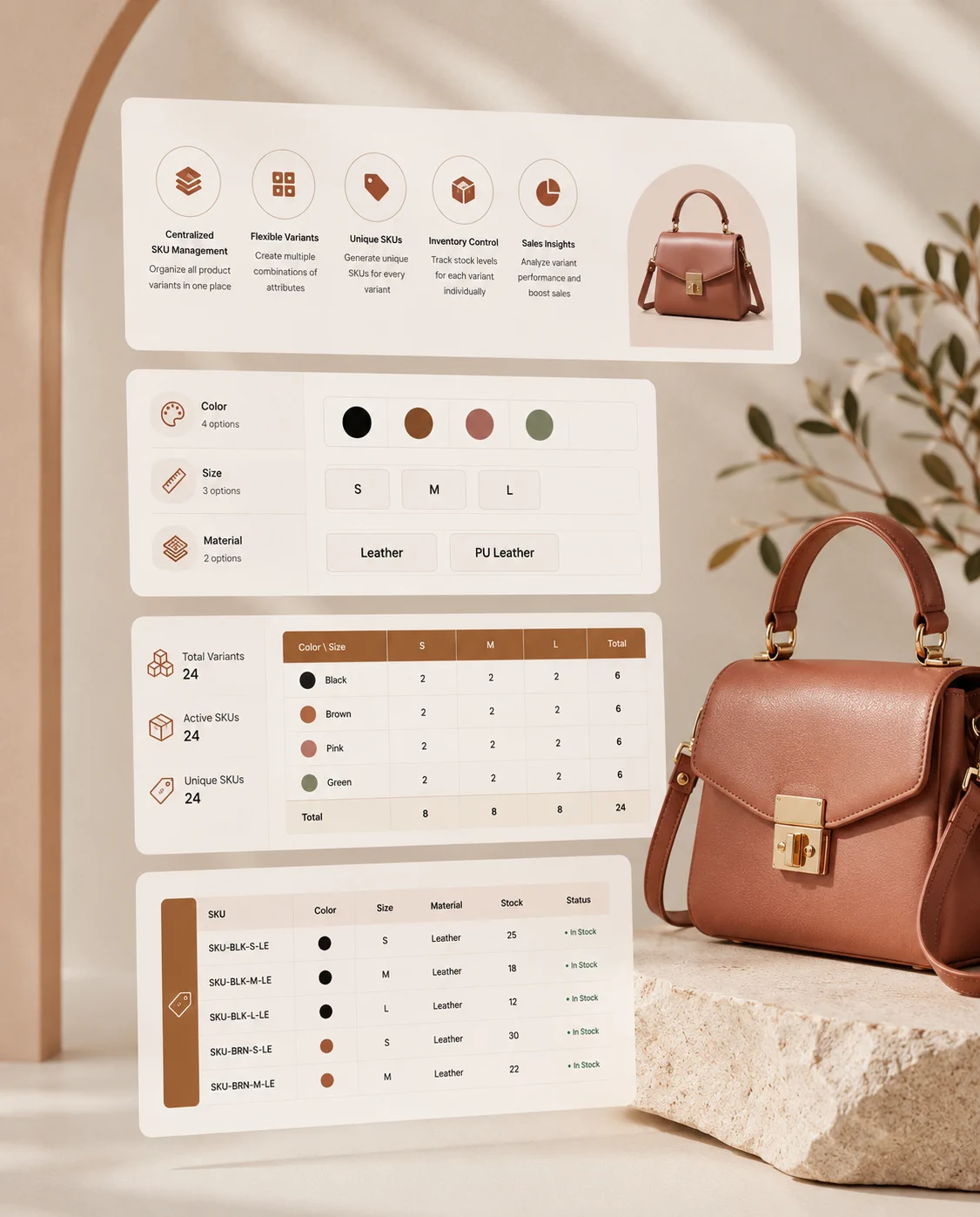 Multi SKU packaging variant system with color, size, and material options
